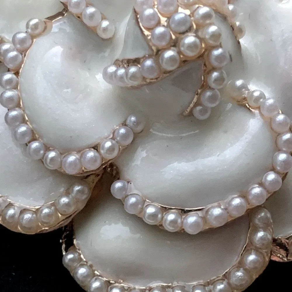 Camellia Lapel Pin in White Enamel with Faux Pearls & Gold Tone Bro-Brooch